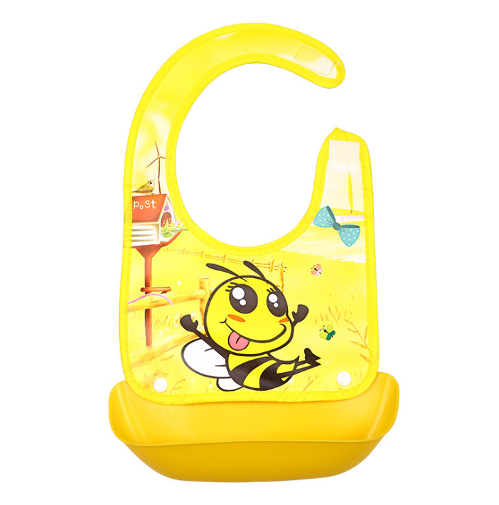Cute silicone bib with deep food catch pocket - easy clean baby bib for mealtime mess