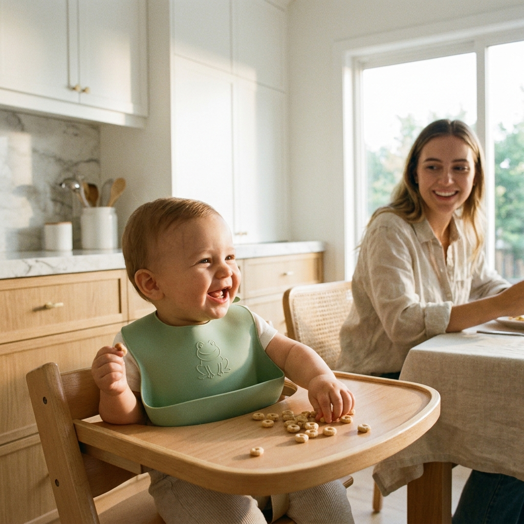 Baby wearing green frog silicone bib in high chair - Daily Find lifestyle photo showing food catcher pocket in action
