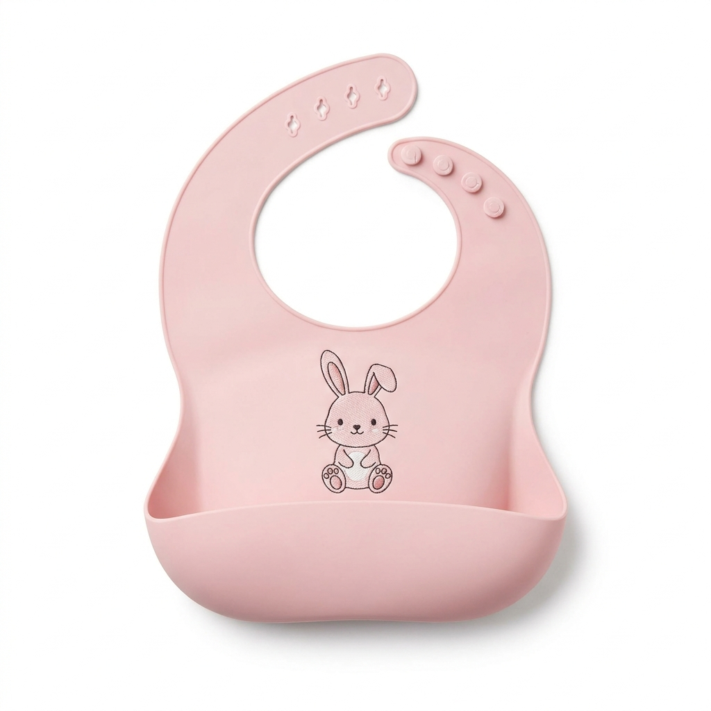 Pink rabbit silicone baby bib on white background - premium studio product photo showing food catcher pocket and snap closure