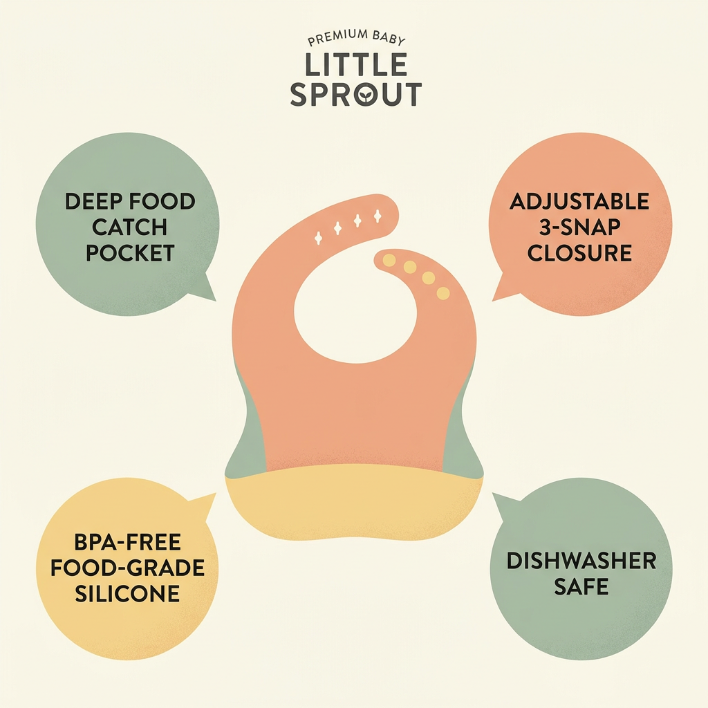 Silicone baby bib feature infographic - BPA free food grade silicone adjustable closure dishwasher safe deep catch pocket